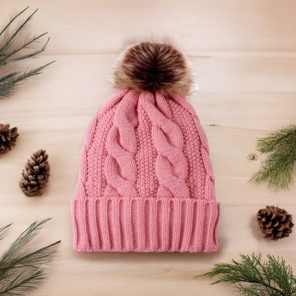 Haylee Glenn Pink Fleece Lined Cable Knit Fur Pom Pom Beanie Hat Gift Packaged - Picture 1 of 9